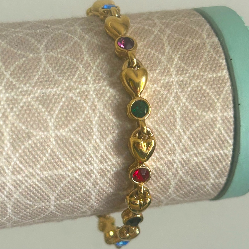 Charming Gold Tone Heart Link and Multicolored Crystal Gemstone Bracelet